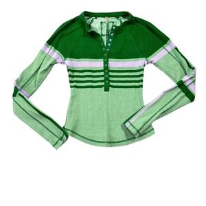 Free People FP Movement Green Striped Thermal Henley Top Womens Medium Ribbed